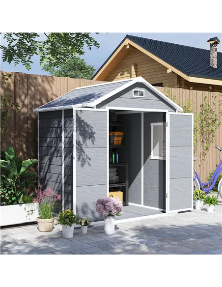 Outsunny 6 x 5ft Garden Shed, Plastic Shed with Floor, Window, Lockable Doors and Vents, Wood Effect Resin Tool Shed for Outdoor