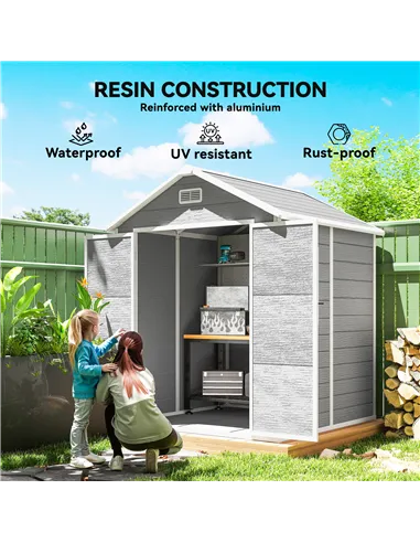 Outsunny 6 x 5ft Garden Shed, Plastic Shed with Floor, Window, Lockable Doors and Vents, Wood Effect Resin Tool Shed for Outdoor