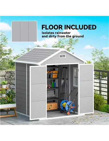 Outsunny 6 x 5ft Garden Shed, Plastic Shed with Floor, Window, Lockable Doors and Vents, Wood Effect Resin Tool Shed for Outdoor