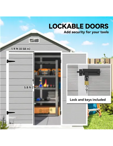 Outsunny 6 x 5ft Garden Shed, Plastic Shed with Floor, Window, Lockable Doors and Vents, Wood Effect Resin Tool Shed for Outdoor
