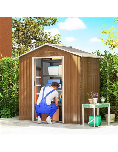 Outsunny 6.5 x 3.5ft Metal Garden Storage Shed - Brown Wood Effect