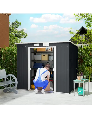 Outsunny 7 x 4ft Galvanised Steel Garden Shed, with Foundation Kit - Dark Grey