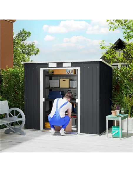 Outsunny 7 x 4ft Galvanised Steel Garden Shed, with Foundation Kit - Dark Grey