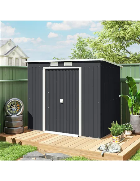 Outsunny 7 x 4ft Galvanised Steel Garden Shed, with Foundation Kit - Dark Grey