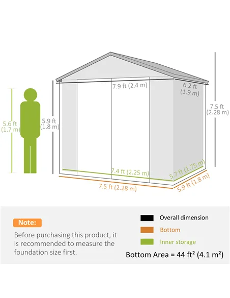 Outsunny 7.9ft x 6.2ft Aluminium Frame and Plastic Wall Shed, with Foundation - Light Grey