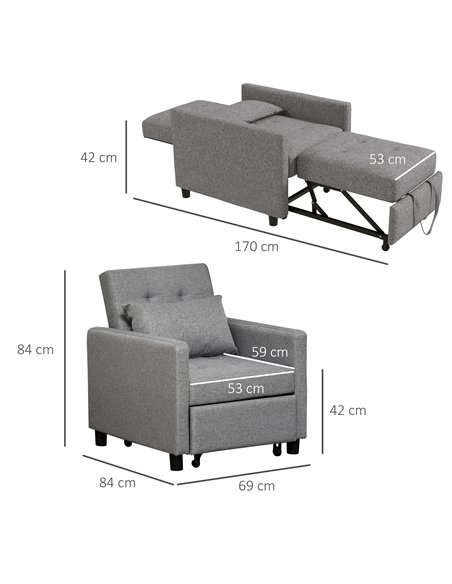 HOMCOM 3-In-1 Chair Bed, Convertible Sleeper Chair with Adjustable Backrest, Pillow and Footrest for Living Room, Grey