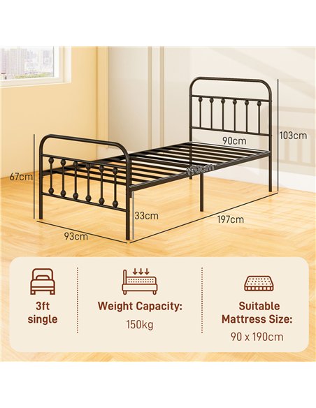 HOMCOM Single Minimalistic Metal Bed Frame - Black