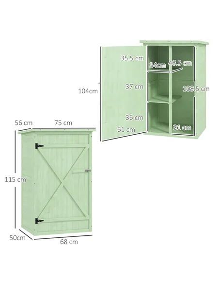 Outsunny Wooden Small Shed, Garden Storage Shed with Shelves and Bolt Latch, 75L x 56W x115H cm, Green