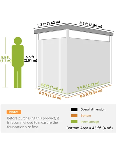 Outsunny 5.3 x 8.5ft Galvanised Steel Garden Shed, Metal Shed with Roof Windows, Leakage Holes and Lockable Wide Door for Outdoo