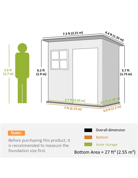 Outsunny 7 x 4ft Galvanised Steel Garden Shed, with Lock and Gloves - Green