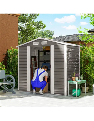 Outsunny 7 x 4ft Garden Shed, Easy to Assemble, Upgraded Galvanised Steel Frame with Foundation Kit, Double Doors with Lock, Out
