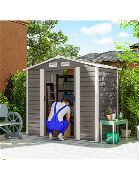 Outsunny 7 x 4ft Garden Shed, Easy to Assemble, Upgraded Galvanised Steel Frame with Foundation Kit, Double Doors with Lock, Out
