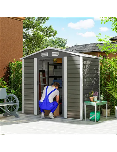 Outsunny 7 x 4ft Garden Shed, Easy to Assemble, Upgraded Galvanised Steel Frame with Foundation Kit, Double Doors with Lock, Out