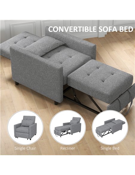 HOMCOM 3-In-1 Chair Bed, Convertible Sleeper Chair with Adjustable Backrest, Pillow and Footrest for Living Room, Grey