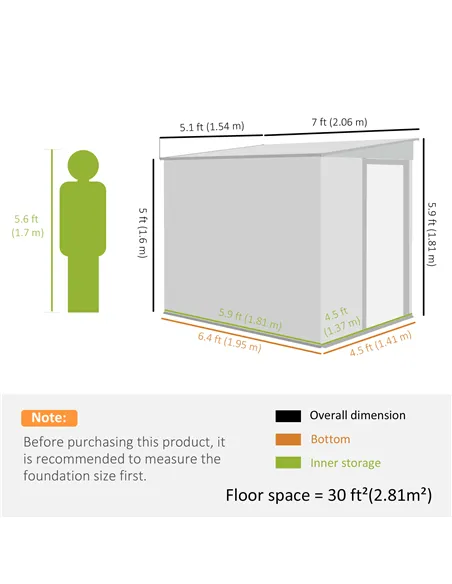 Outsunny 7 x 5ft Galvanised Metal Shed, with Sliding Door - Dark Grey