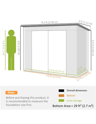 Outsunny 3.7 x 7.9ft Galvanised Steel Shed, with Latched Door and Padlock - Light Grey