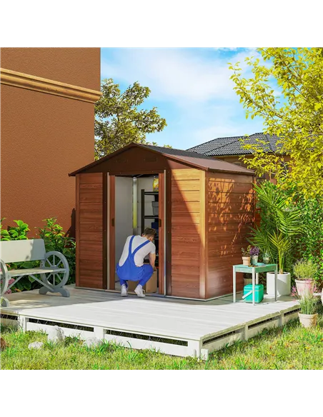 Outsunny 6 x 8ft Galvanised Steel Shed - Brown Wood-Effect