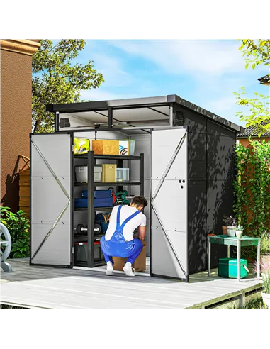 Outsunny 6 x 6ft Outdoor Storage Shed, Plastic Garden Shed with Windows and Air Vents, Outdoor Resin Tool Shed with Latch Doors 