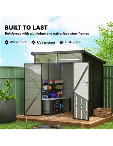 Outsunny 6 x 6ft Outdoor Storage Shed, Plastic Garden Shed with Windows and Air Vents, Outdoor Resin Tool Shed with Latch Doors 