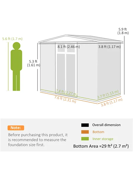 Outsunny 8 x 4 ft Metal Garden Shed, Garden Storage Shed with Window, 4 Vents and Lockable Door, Waterproof Galvanised Steel Too