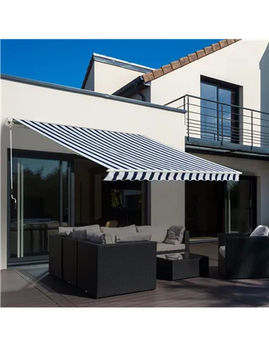Outsunny Manual Retractable Awning, 3x2.5 m-Blue/White Stripes