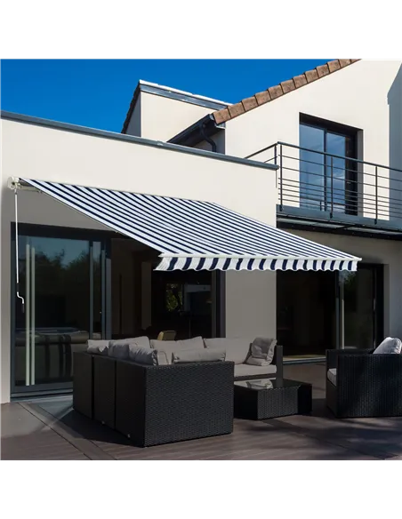 Outsunny Manual Retractable Awning, 3x2.5 m-Blue/White Stripes