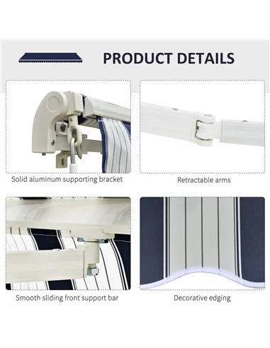 Outsunny Manual Retractable Awning, 3x2.5 m-Blue/White Stripes