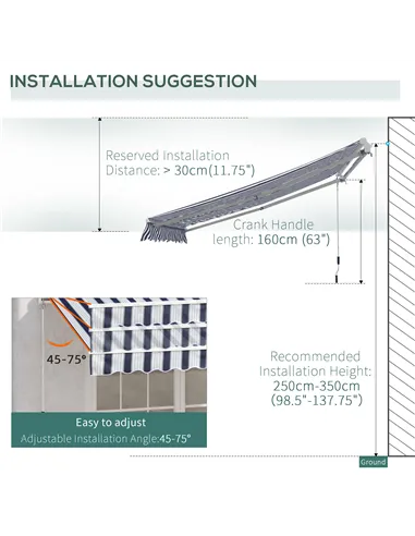 Outsunny Manual Retractable Awning, 3x2.5 m-Blue/White Stripes
