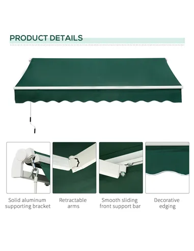 Outsunny Awning Canopy Manual Retractable Porch Sun Shade Shelter 3 x 2m Green