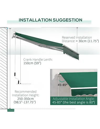 Outsunny Awning Canopy Manual Retractable Porch Sun Shade Shelter 3 x 2m Green