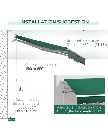 Outsunny Awning Canopy Manual Retractable Porch Sun Shade Shelter 3 x 2m Green