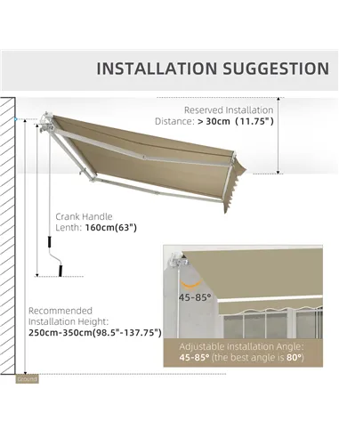 Outsunny 2.5x2 m Manual Retractable Awning-Beige Canopy/White Frame