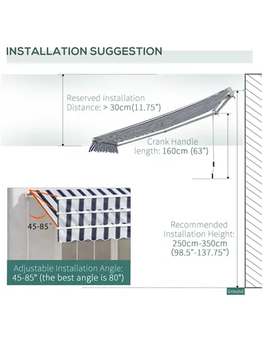 Outsunny Manual Retractable Awning, 4x3 m-Blue/White