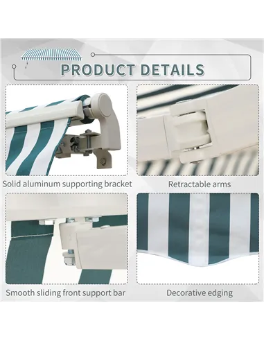 Outsunny Manual Retractable Awning, size (4m x3m)-Green/White Stripes