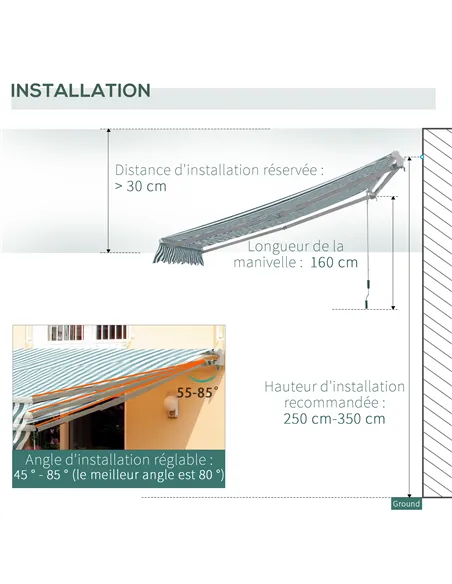 Outsunny Manual Retractable Awning, size (4m x3m)-Green/White Stripes