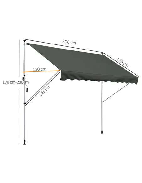 Outsunny 3x1.5m  Adjustable Outdoor Aluminium Frame Awning Grey