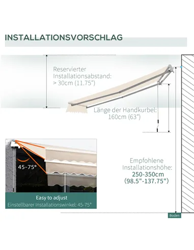 Outsunny Manual Retractable Awning, 3x2.5 m-Ivory White
