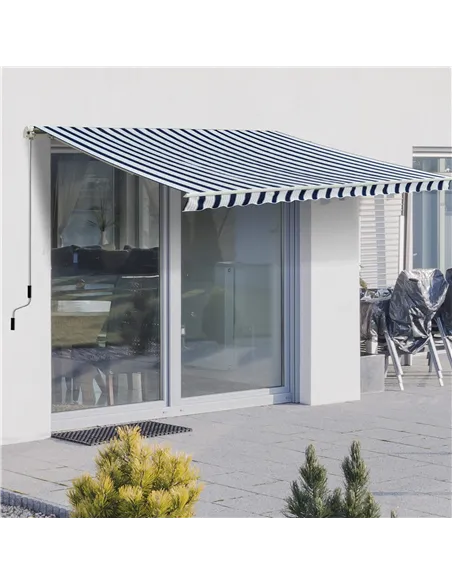 Outsunny Manual Retractable Awning, 3.5x2.5 m-Dark Blue/White Stripes