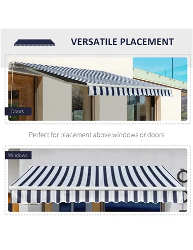Outsunny Manual Retractable Awning, 3.5x2.5 m-Dark Blue/White Stripes