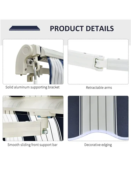 Outsunny Manual Retractable Awning, 3.5x2.5 m-Dark Blue/White Stripes