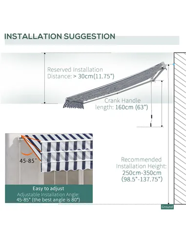Outsunny Manual Retractable Awning, 3.5x2.5 m-Dark Blue/White Stripes