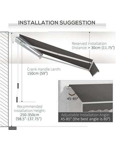 Outsunny 4x2.5m Manual Awning Window Door Sun Weather Shade w/ Handle Grey