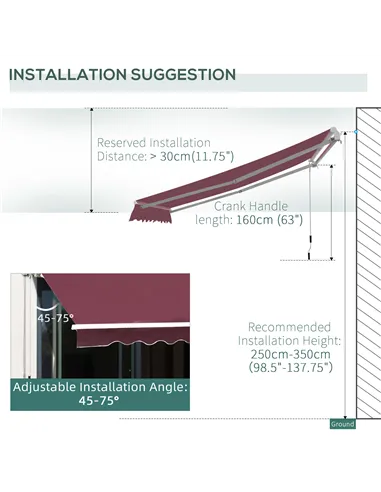 Outsunny Manual Retractable Awning, 3x2.5 m-Red