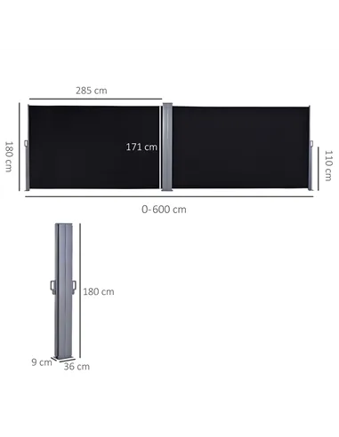 Outsunny 600 x 180 cm (HxL) Retractable Awning Double Canopy Side Privacy Protection Sun Shade Side Blind w/ Steel Frame Versati