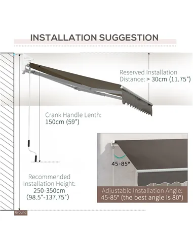 Outsunny Awning Canopy Manual Retractable Porch Sun Shade Shelter 3 x 2m Grey