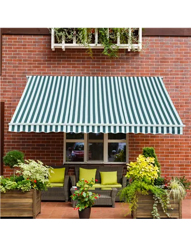 Outsunny 3 x 2.5m Patio Awning, Anti-UV and Waterproof Sun Shade Canopy with Chain Drive and Hand Crank, Green/White Stripes