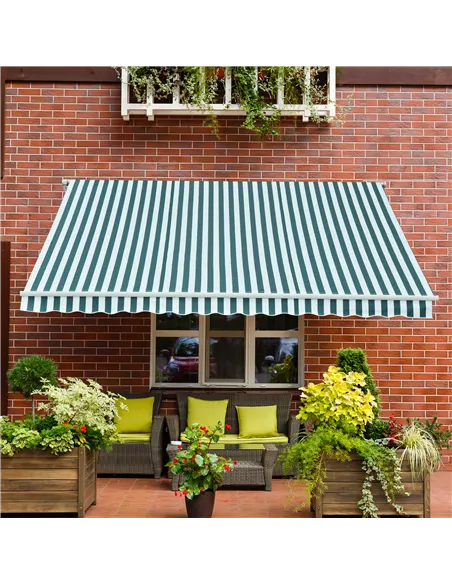 Outsunny 3 x 2.5m Patio Awning, Anti-UV and Waterproof Sun Shade Canopy with Chain Drive and Hand Crank, Green/White Stripes
