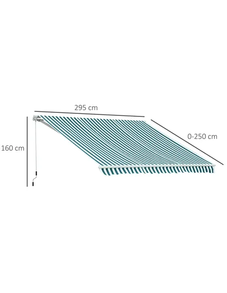 Outsunny 3 x 2.5m Patio Awning, Anti-UV and Waterproof Sun Shade Canopy with Chain Drive and Hand Crank, Green/White Stripes