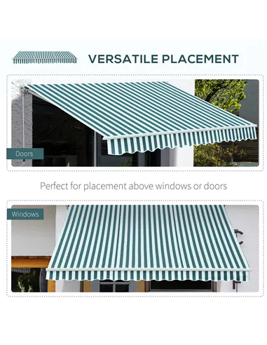 Outsunny 3 x 2.5m Patio Awning, Anti-UV and Waterproof Sun Shade Canopy with Chain Drive and Hand Crank, Green/White Stripes
