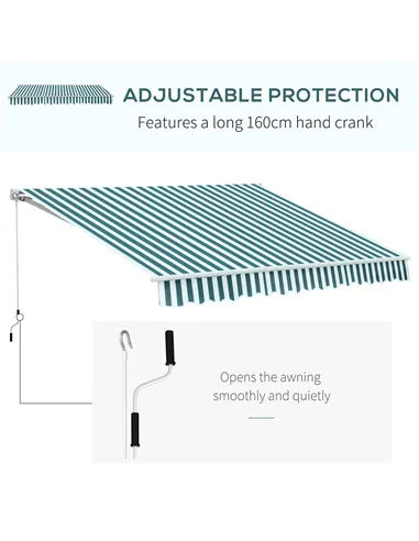 Outsunny 3 x 2.5m Patio Awning, Anti-UV and Waterproof Sun Shade Canopy with Chain Drive and Hand Crank, Green/White Stripes
